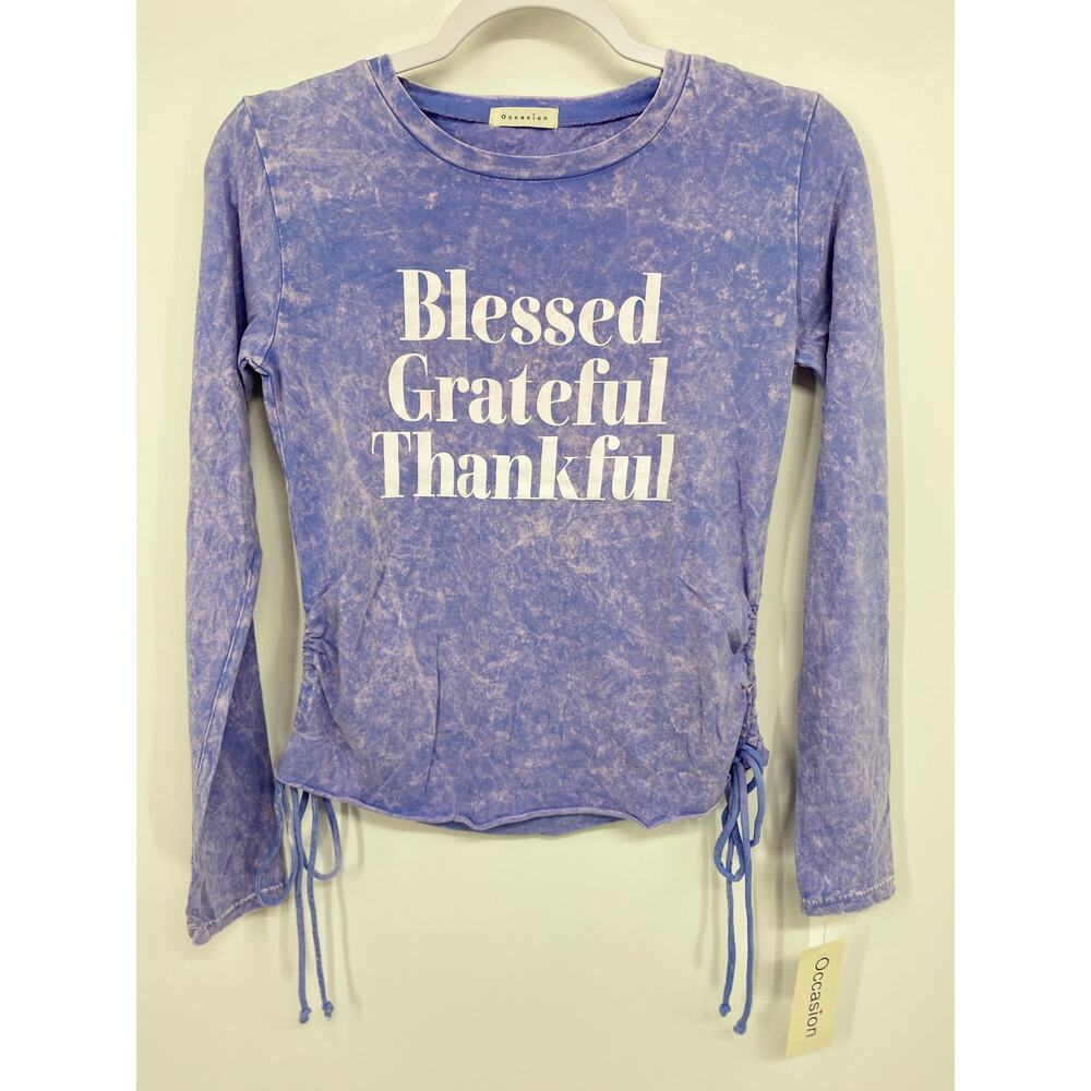 Occasion Blessed Grateful Thankful Blue Distressed Long Sleeve Ruched Top NEW Sm